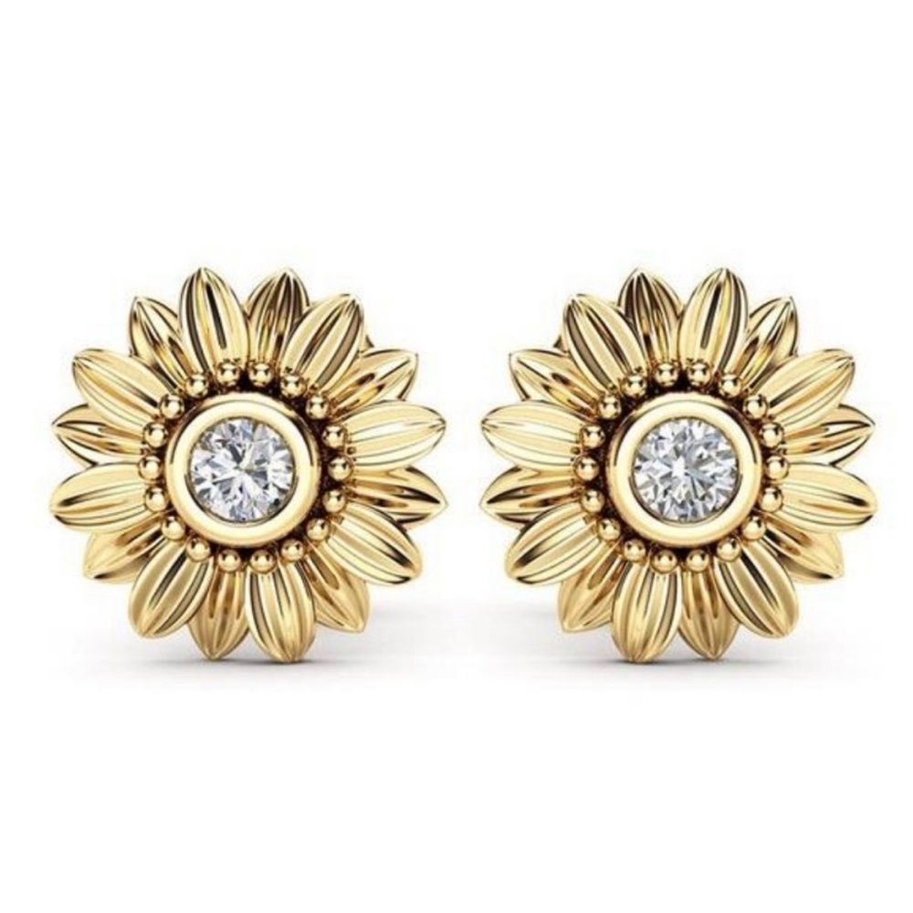 18K YELLOW GOLD EARRINGS DIAMOND SUNFLOWER EARRINGS STUD EARRINGS
